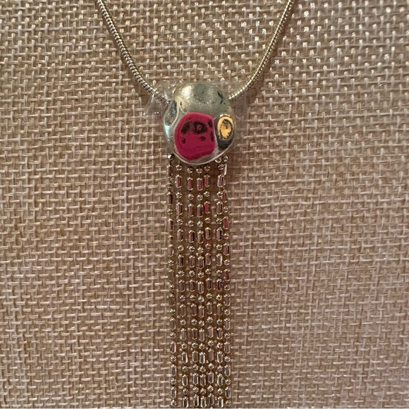 NWT Nordstrom Necklace gold w/ chain tassel on round pendant, sliding ball close - Picture 6 of 13